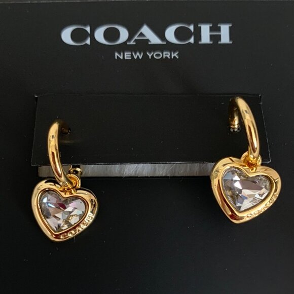 COACH Crystal Heart Charm Drop Huggies Earrings in Clear/Gold - Picture 2 of 2